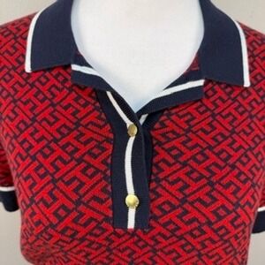 Tommy Hilfiger Knit Polo Top and Skirt Set Red Navy Geometric Preppy Medium